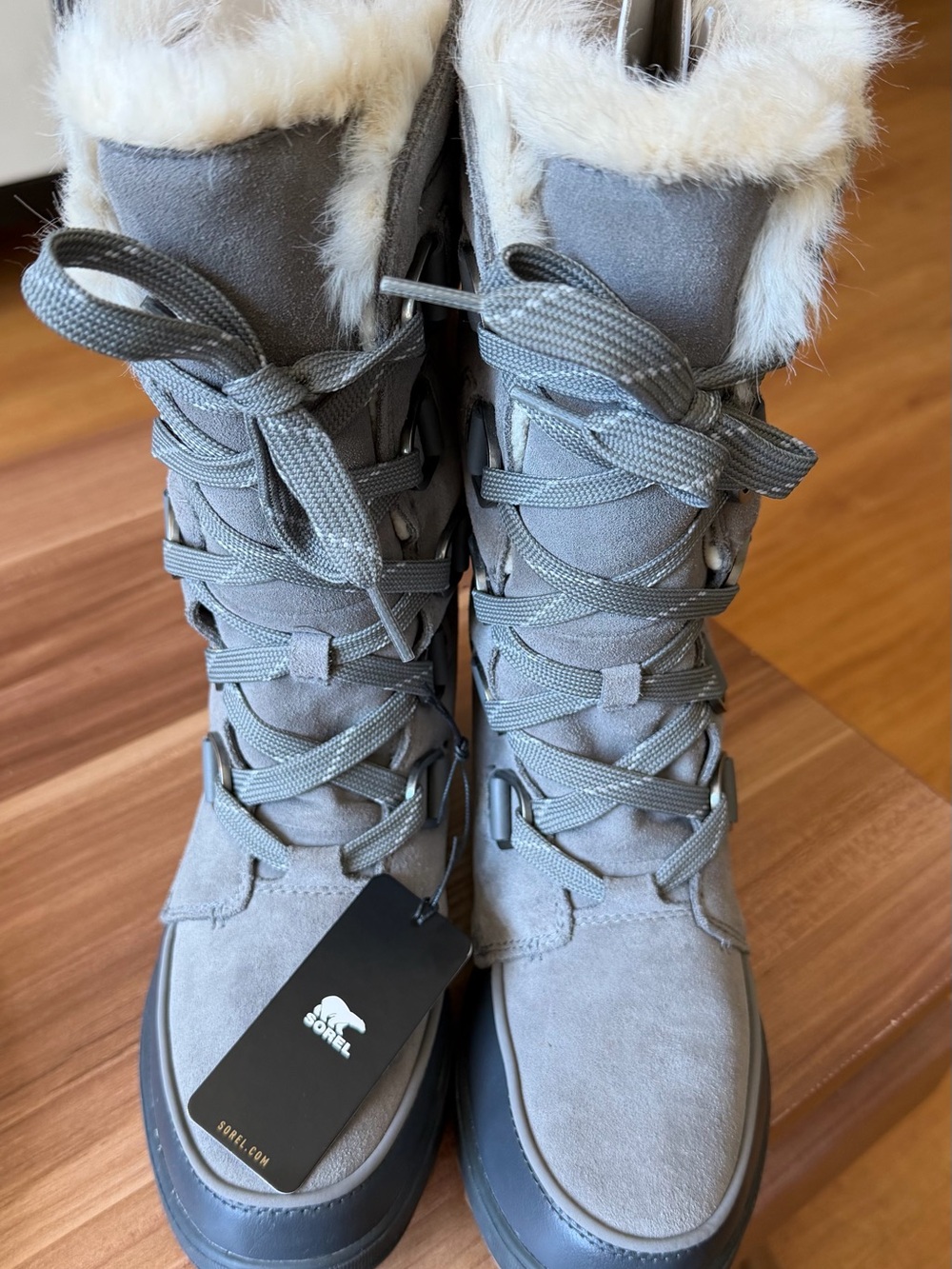 Sorel Grey Suede Waterproof Lace-Up Winter Boots with Faux Fur Collar